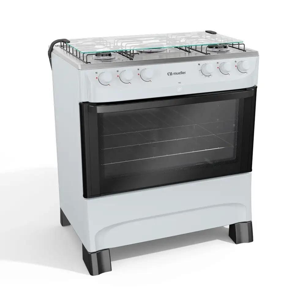 Fogão 5 Bocas a Gás Mueller com Acendimento Automático e Forno 81,6L Branco Bivolt - MFI5BB