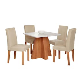 Conjunto de Mesa de Jantar Tampo de Vidro Larissa com 4 Cadeiras Maia Linho Bege Gengibre