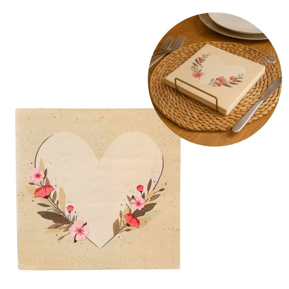 Guardanapo Estampado Coração Floral Bege Luxo 20 Folhas 33cm - Tuut