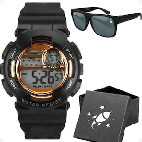 Relogio Infantil Digital Menino Preto + Caixa + Oculos Sol Adolescente Silicone Ajustavel Data Rose