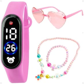 Relogio Digital Infantil Led + Colar + Pulseira Acetato Menina Missanga Proteçao Pink Criança Led