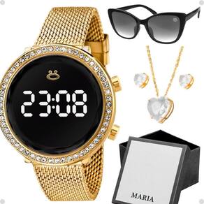 Relogio Dourado Feminino + Pulseira + Caixa + Oculos Sol Proteção Uv Gatinho Social Presente Casual