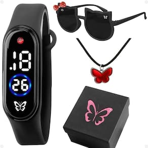 Relogio Digital Menina Infantil + Caixa + Oculos Sol Silicone Led Ajustavel Preto Prova Dagua Garota