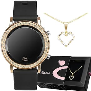 Relogio Digital Feminino Banhado Dourado + Colar Coração Qualidade Premium Moda Social Stras Preto