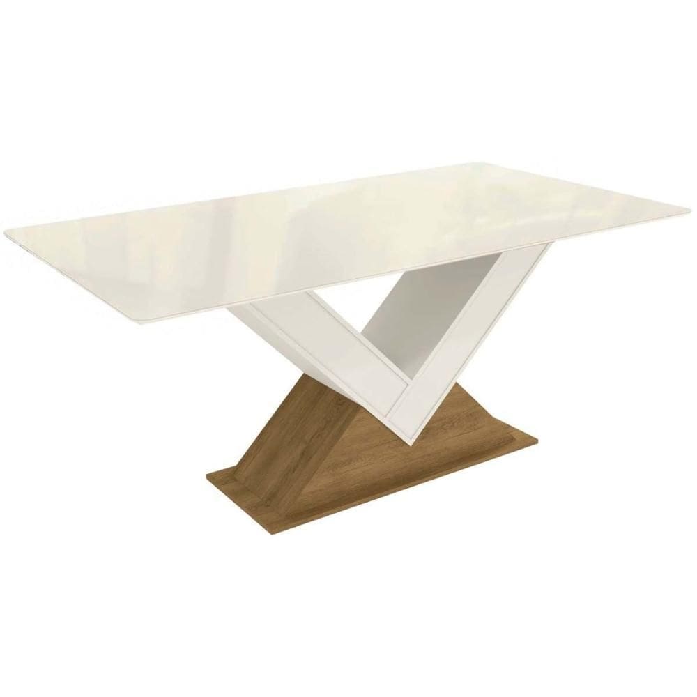 Mesa de Sala Jantar Amora c/ Tampo Madeirado c/ Vidro 160x90cm Freijó/Off White - Kappesberg