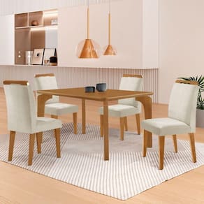 Mesa Liz 120 Mdf Com 4 Cadeiras Athenas Veludo Creme/naturalle/naturalle