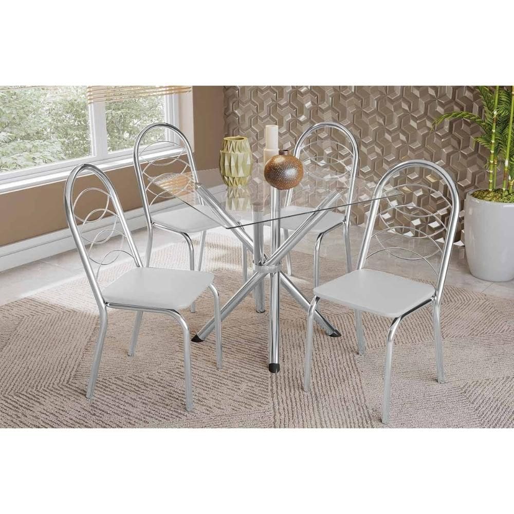 Sala de Jantar Completa Volga c/ Tampo de Vidro 90cm e 4 Cadeiras Holanda Cromada - Courano Branco - Kappesberg
