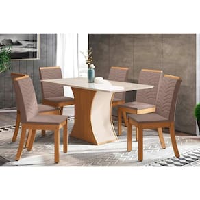 Sala de Jantar Completa Luiza Tampo Madeirado c/ Vidro 160x90cm e 6 Cadeiras Isa Nature/Suede Light Bege - Henn