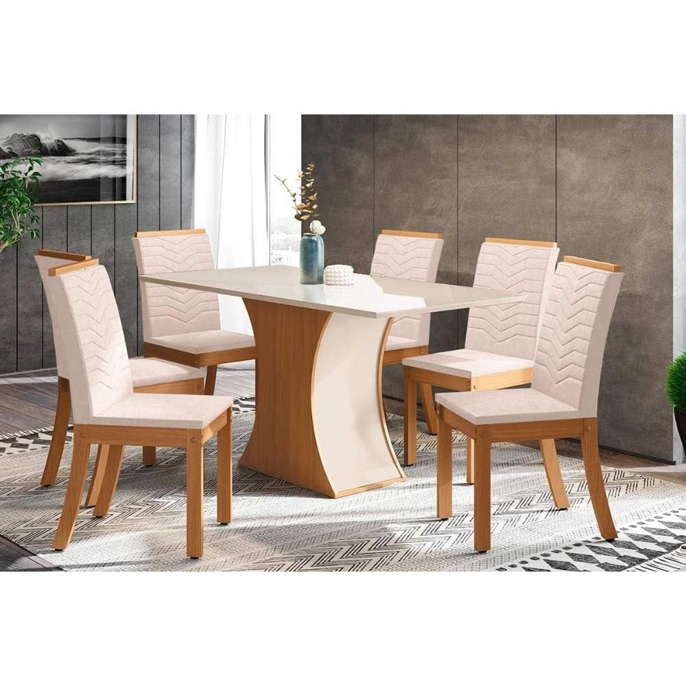 Sala de Jantar Completa Luiza Tampo Madeirado c/ Vidro 160x90cm e 6 Cadeiras Isa Nature/Linho - Henn