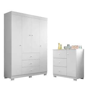 Jogo De Quarto Infantil Duda Com Guarda Roupa 4 Portas E Cômoda Branco - Phoenix Baby Branco