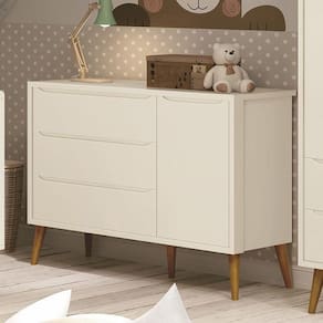 Cômoda Infantil 1 Porta E 3 Gavetas Theo Retrô Areia Fosco Com Pés Amadeirado - Reller Móveis Areia Fosco