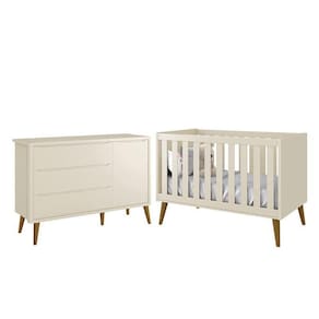 Jogo De Quarto Infantil Theo Retrô Cômoda 1 Porta E Berço Areia Fosco Com Pés Amadeirado - Reller Móveis Areia Fosco