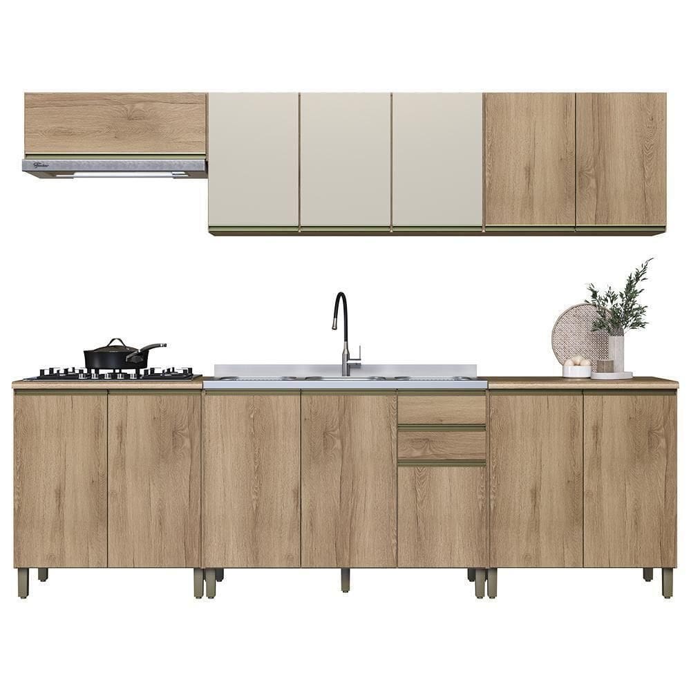 Cozinha Modulada Dinamarca 6 Peças Castani Com Aéreo 120cm Com Vidro Off White - Indékes Castani