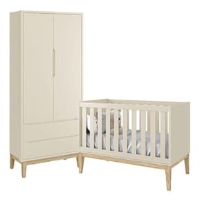 Jogo De Quarto Classic Guarda Roupa 2 Portas E Berço Areia Fosco Com Pés Madeira Natural - Reller Móveis Areia Fosco