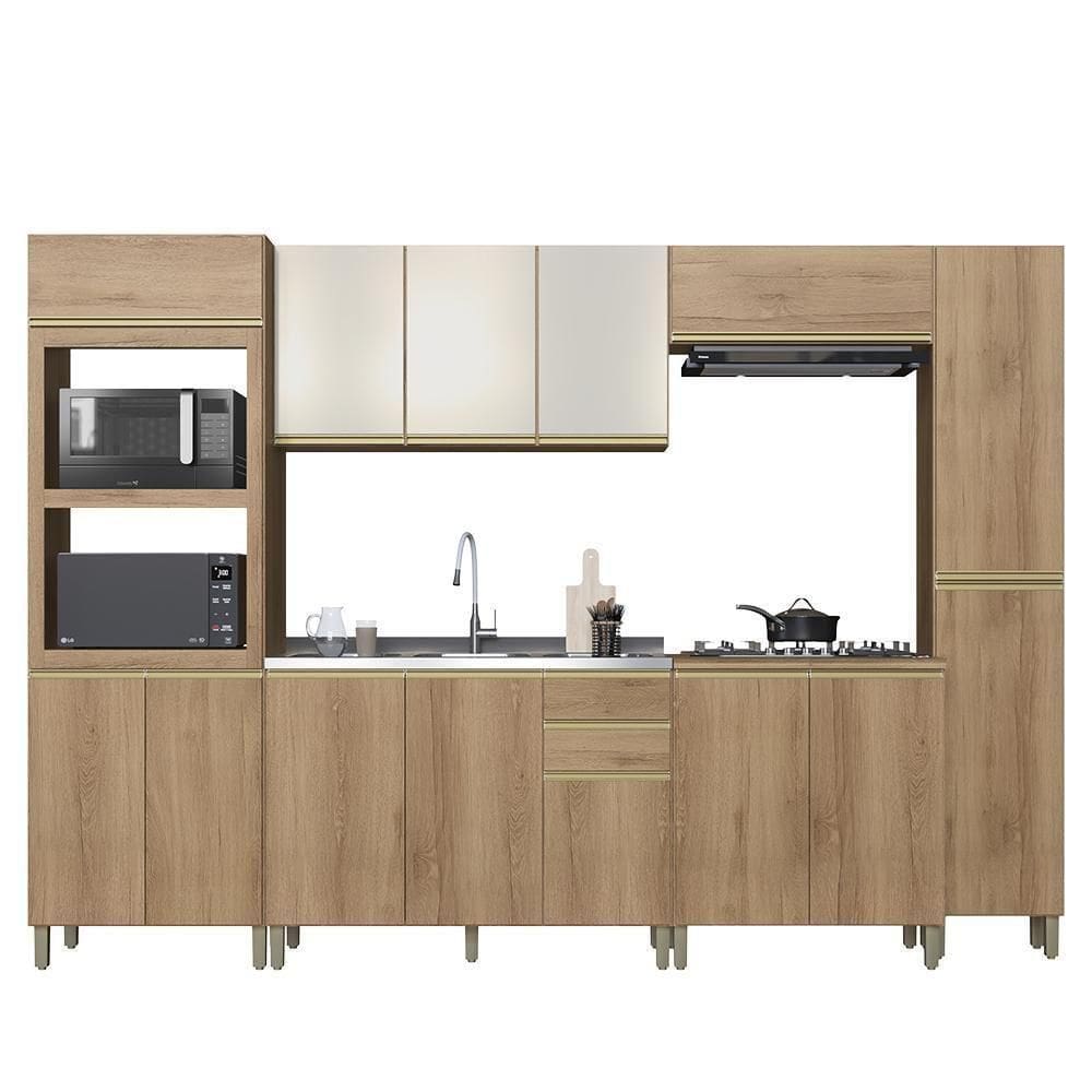 Cozinha Modulada Dinamarca 6 Peças Com Torre Quente 2 Fornos Castani E Aéreo 120cm Com Vidro Off White - Indékes Castani