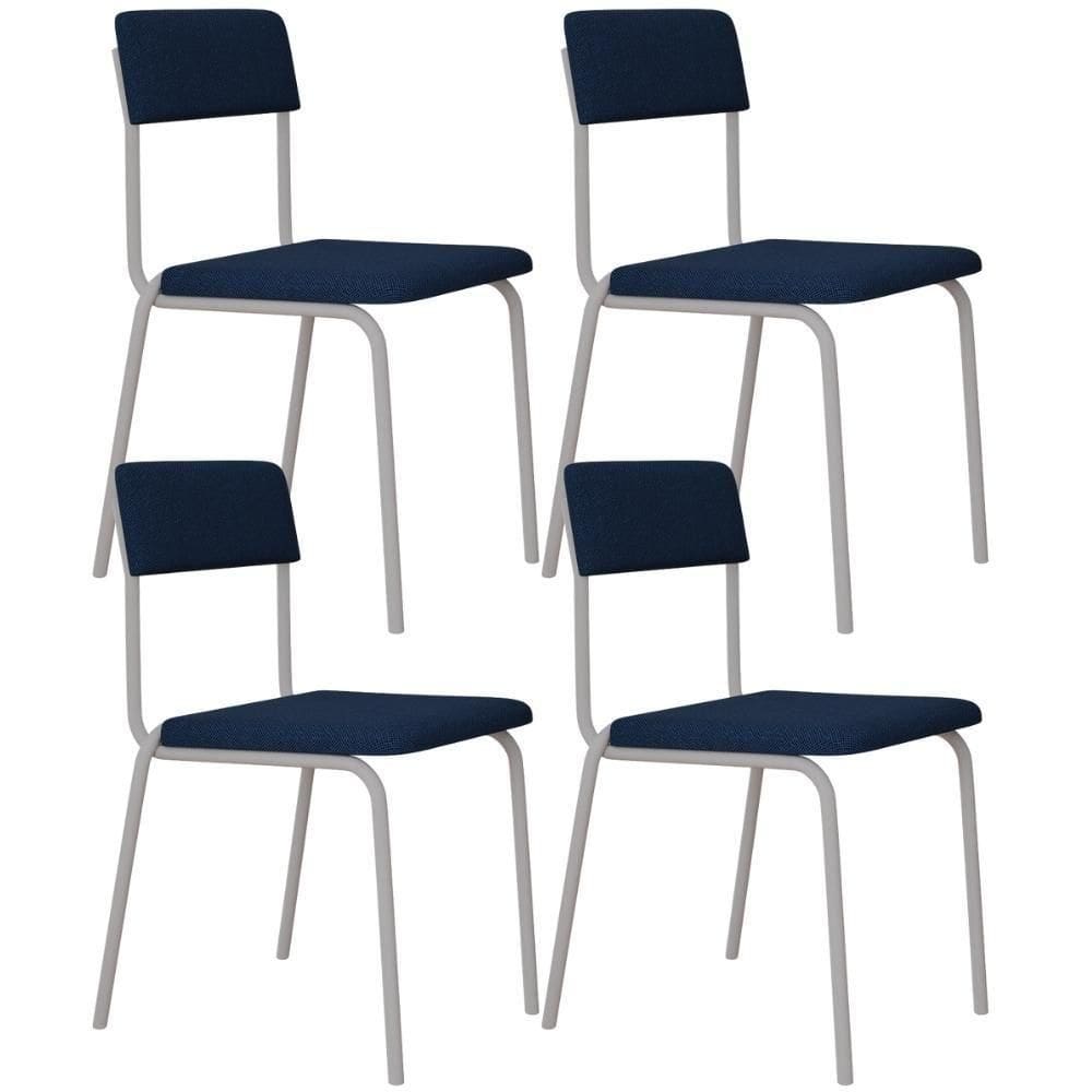 Kit 04 Cadeiras Estofada Para Sala De Jantar Sense Branco C01 Linho Azul Escuro - Lyam Decor