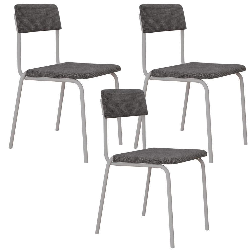 Kit 03 Cadeiras Estofada Para Sala De Jantar Sense Branco C01 Linho Prata - Lyam Decor