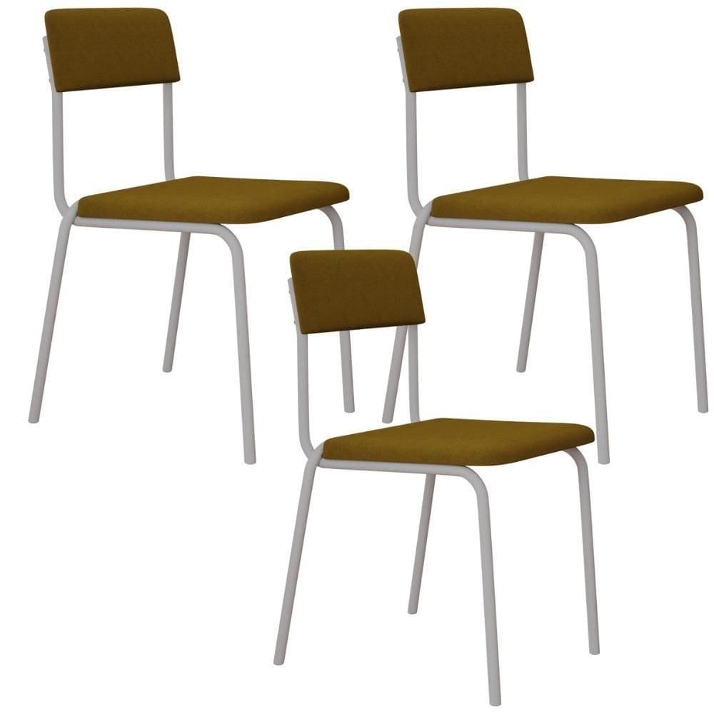 Kit 03 Cadeiras Estofada Para Sala De Jantar Sense Branco C01 Linho Mostarda - Lyam Decor