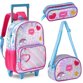 Kit Mochila De Rodinhas + Lancheira Térmica + Estojo Duplo Happy Clio Azul