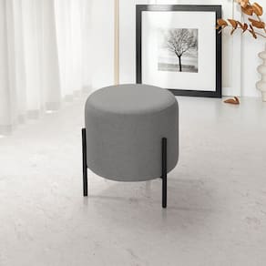 Puff Redondo Para Sala e Quarto Orgânico Pés Ferro Encantos Linho Cinza Escuro