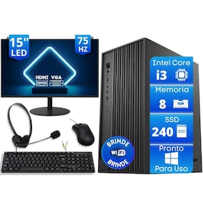 Computador Office Completo Intel Core I3 8Gb SSD 240Gb Monitor 15 Fone Headset