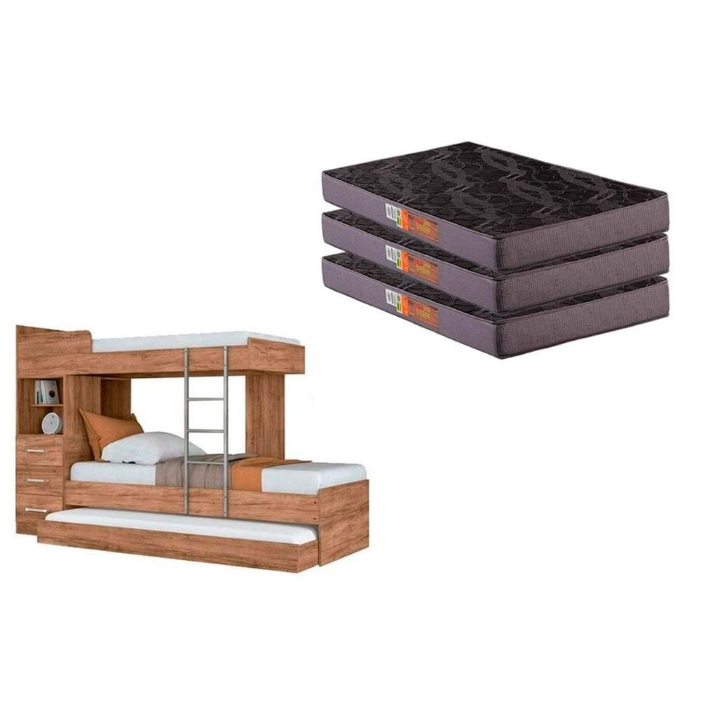 Colchão Physical Ortobom (3un) + Beliche Plus c/ Auxiliar Atacama