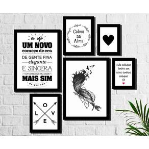 Kit 6 Quadros Decorativos Pena E Frases Preto E Branco