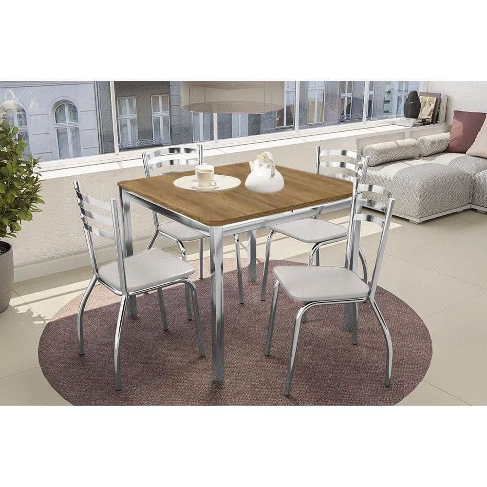 Sala de Jantar Completa Reno c/ Tampo de Madeira 90cm e 4 Cadeiras Portugal Cromada/Branco 106 - Kappesberg
