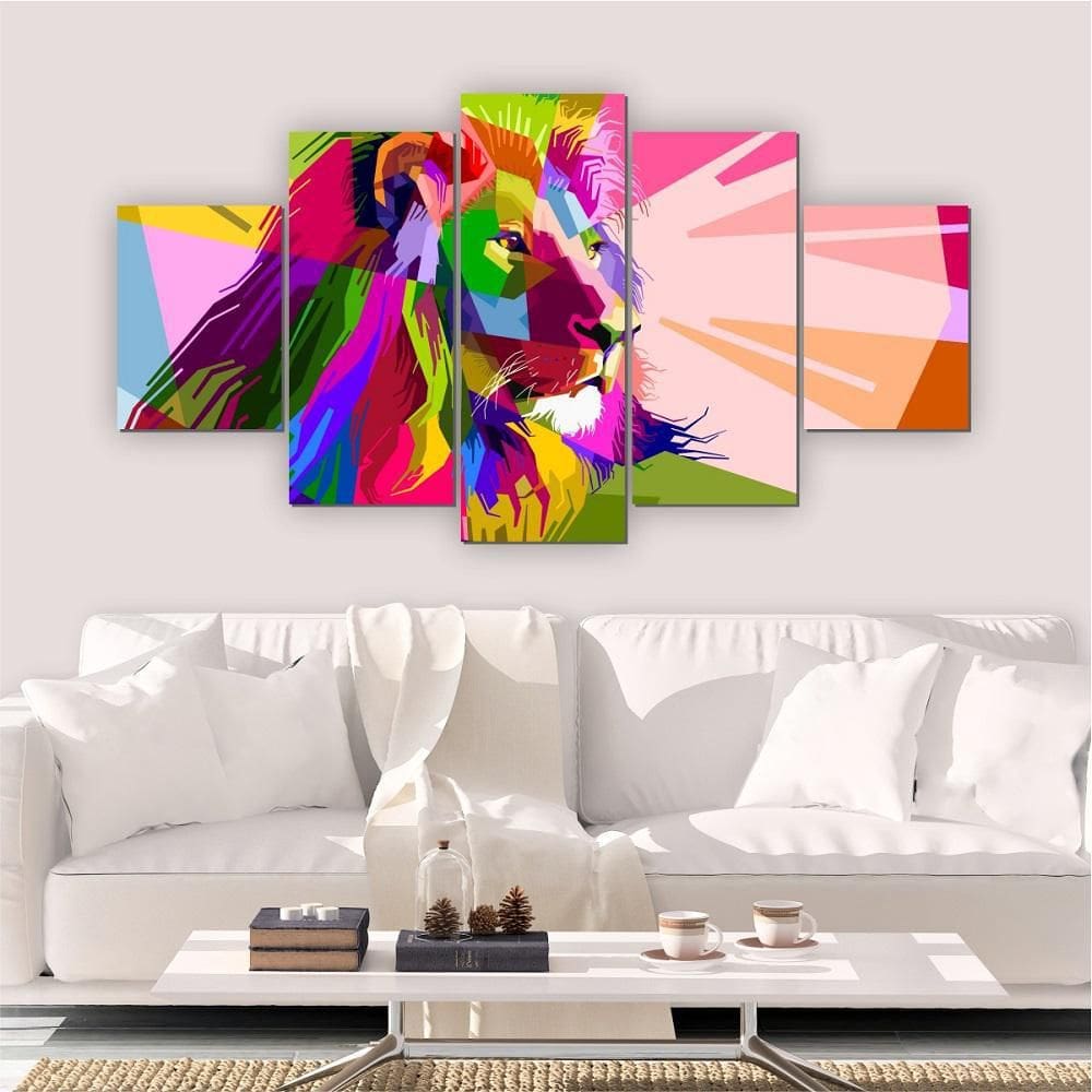 Quadros Decorativos Mosaico Quarto Leão Colorido 5 Peças