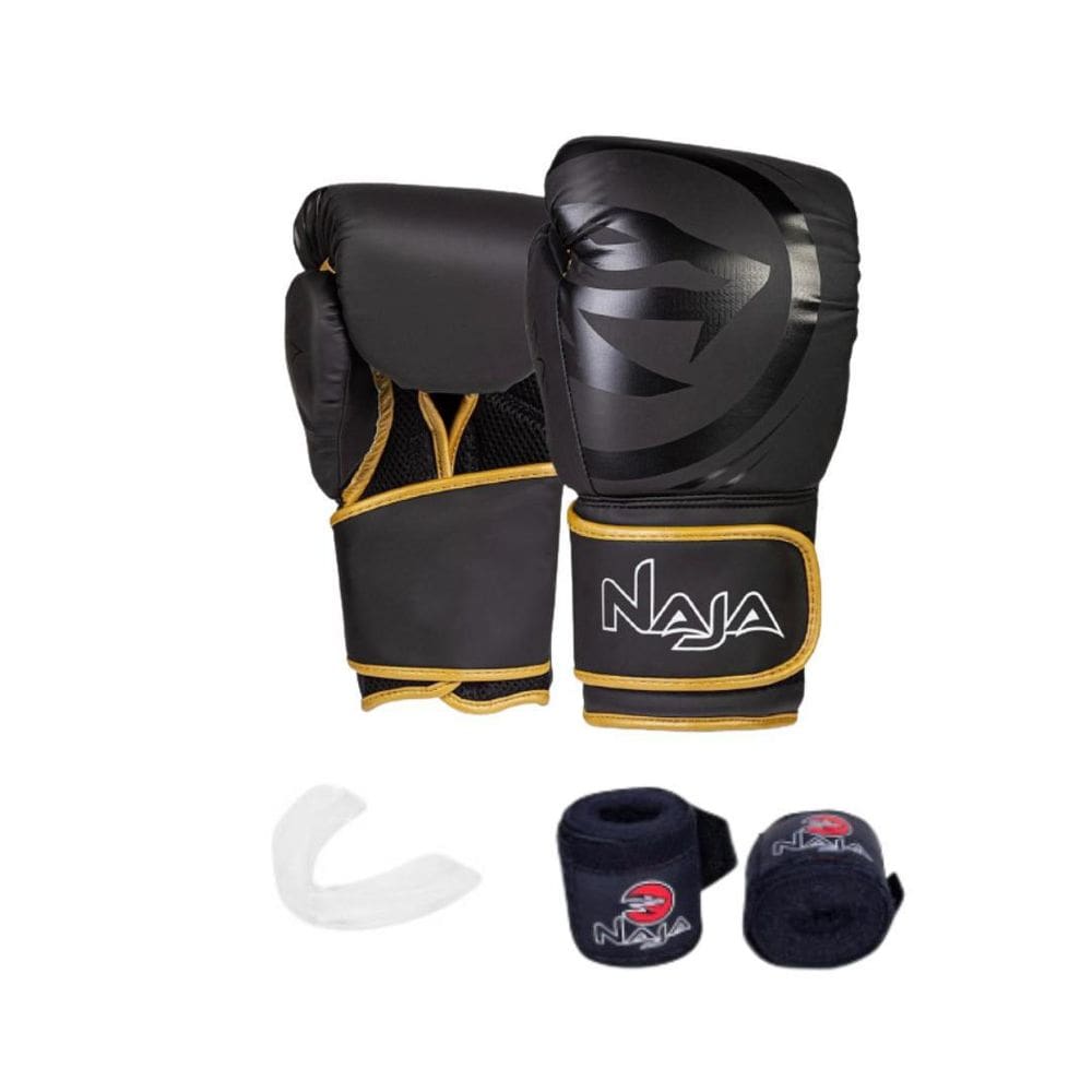 Kit Boxe Naja Black Line Luva Bandagem Protetor Bucal 14Oz