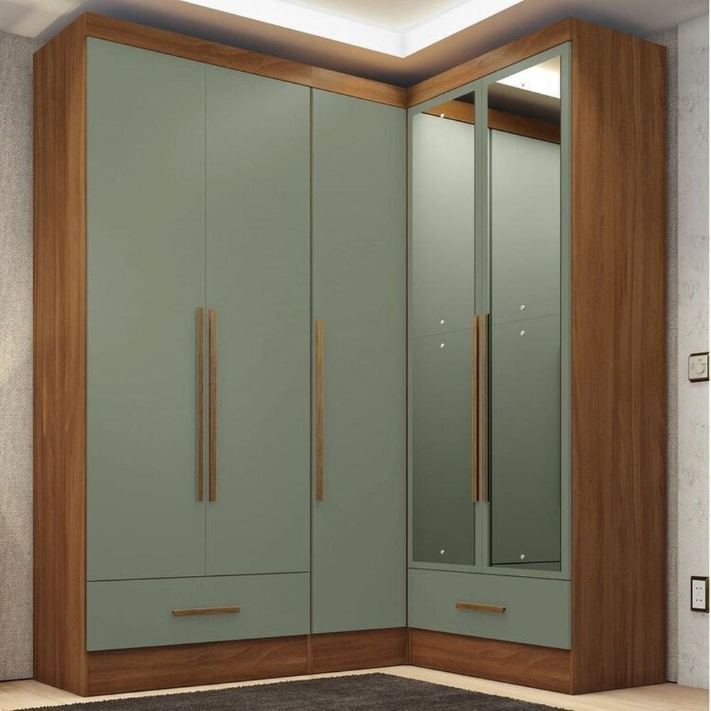 Quarto Modulado de Canto 3 Peças 5 Portas 2 Gavetas com Espelhos Smart Plus Espresso Móveis Cinamomo / Verde