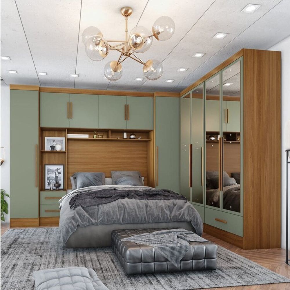 Quarto de Casal Completo 5 Peças 6 Portas 4 Gavetas com Maleiro e Espelhos Smart Plus Espresso Móveis Cinamomo / Verde