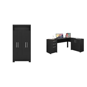 Kit para Escritório com 1 Mesa de Canto e Armário Multiuso 4 Portas com Nicho Preto Tx