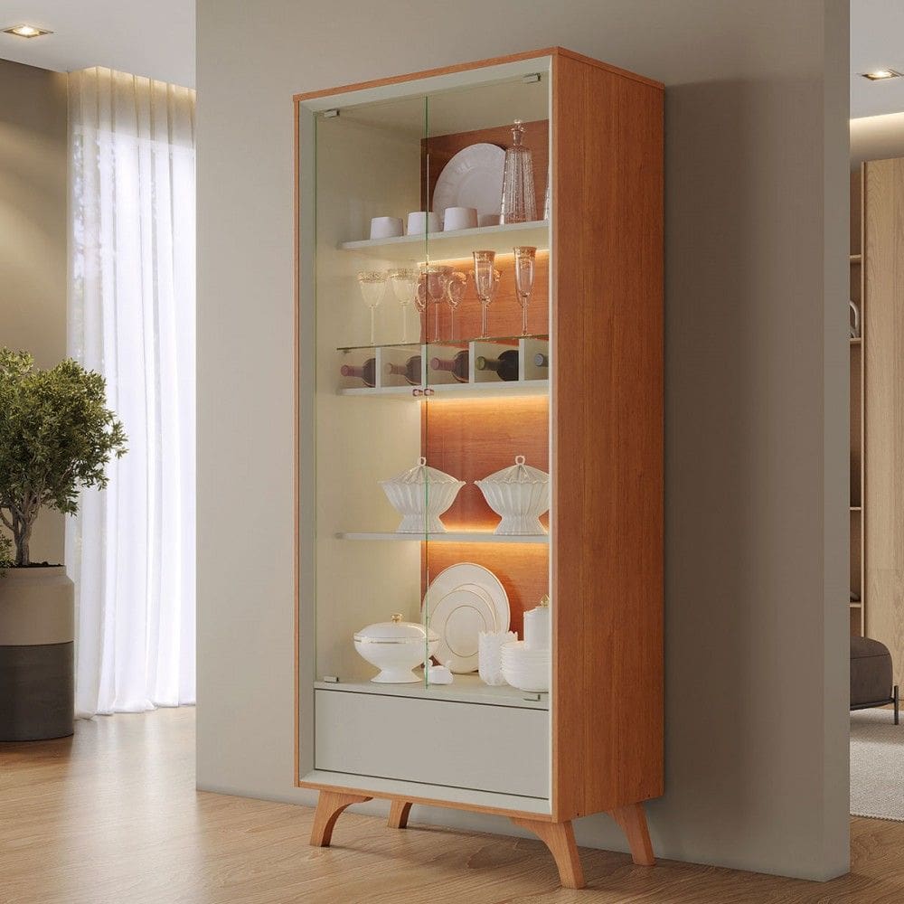 Cristaleira Prime 2 Portas 1 Gaveta com Vidro e Led Naturallle/Off White - Mavaular