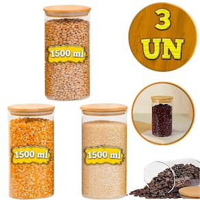 Kit 3 Potes 1500ml Porta Mantimento Frasco De Vidro Herméticos Tampa de Bambu Natural