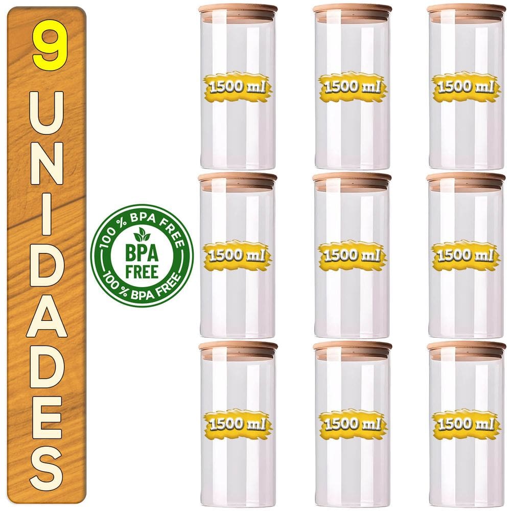 9 Potes De Vidro Herméticos Premium 1500ml Para Mantimentos Tampa De Bambu