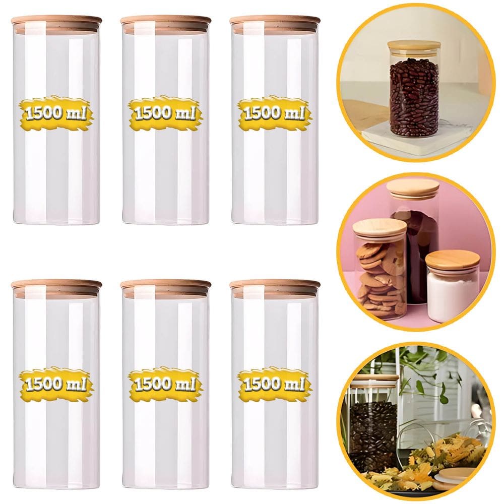 Kit 6 Potes 1500ml Porta Mantimento Frasco De Vidro Herméticos Tampa de Bambu Natural