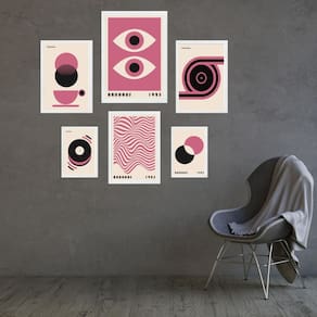 Composição 6 Quadros Artes Bauhaus Rosa E Bege - Com Vidro