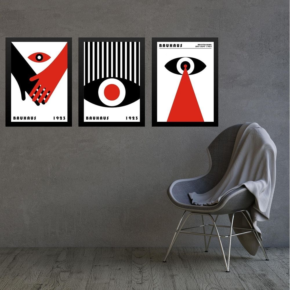 Kit 3 Quadros Bauhaus Olhos Vermelho E Preto 24X18Cm - Vidro