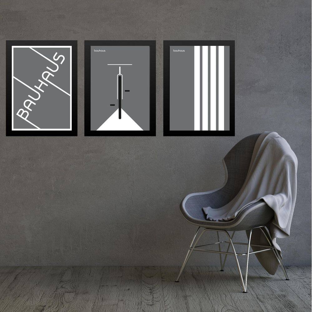 Kit 3 Quadros Artes Bauhaus Cinza E Branco Bicicleta 33X24Cm