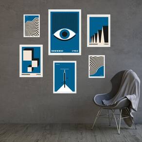 Kit Composição 6 Quadros Artes Bauhaus Azuis - Com Vidro