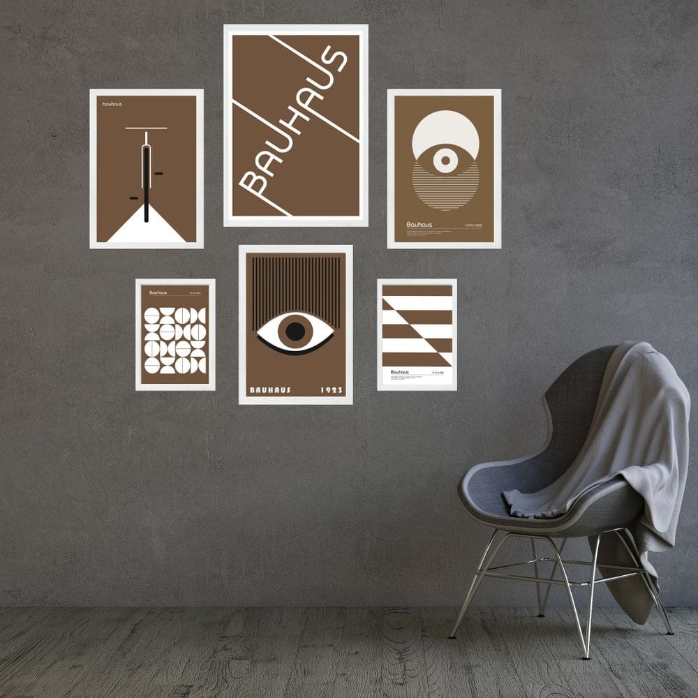 Composição 6 Quadros Bauhaus Marrom E Branco - Com Vidro