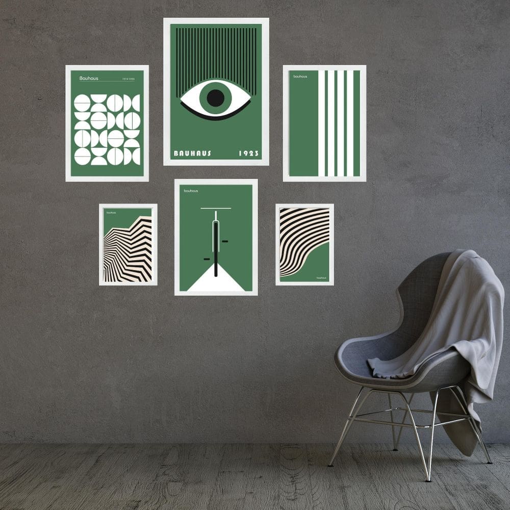 Composição 6 Quadros Artes Bauhaus Verde E Branco - Vidro