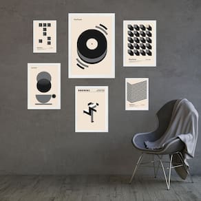 Composição 6 Quadros Modernos Bauhaus Cinza E Bege - Vidro