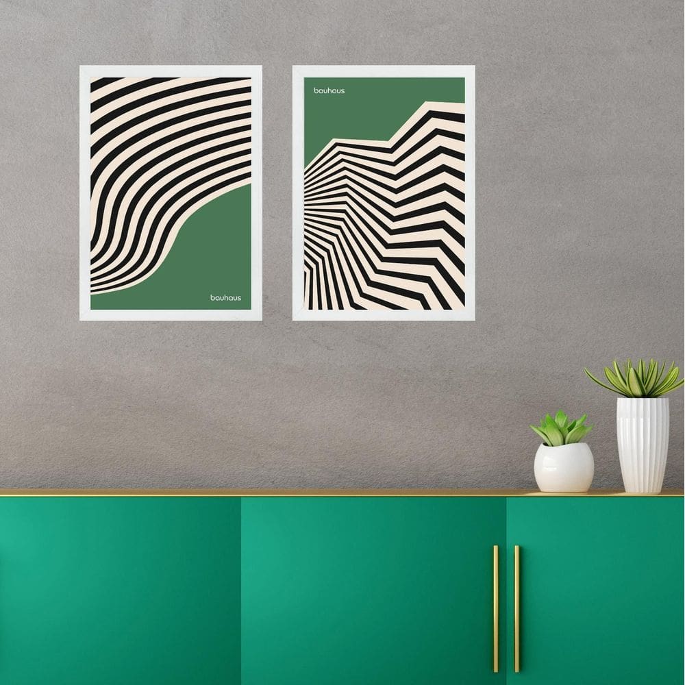 Kit 2 Quadros Abstratos Bauhaus Verde E Preto 24X18Cm