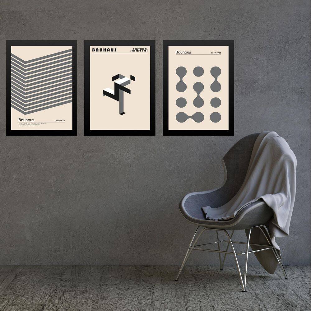 Kit 3 Quadros Artes Bauhaus Cinza E Bege Minimalistas