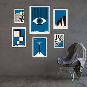 Kit Composição 6 Quadros Artes Bauhaus Azuis - Com Vidro