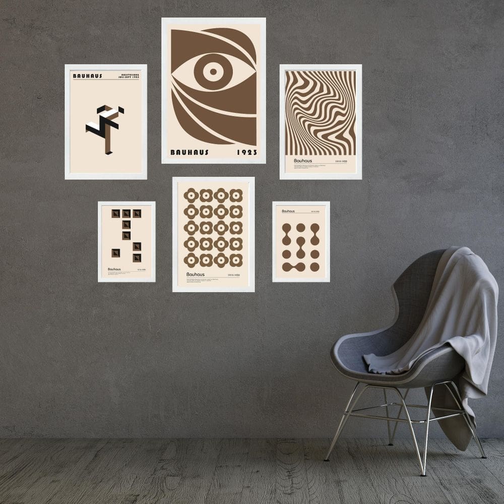 Composição 6 Quadros Bauhaus Marrom E Bege - Com Vidro