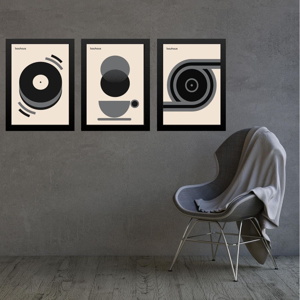 Kit 3 Quadros Artes Bauhaus Cinza E Preto Café Disco 24X18Cm