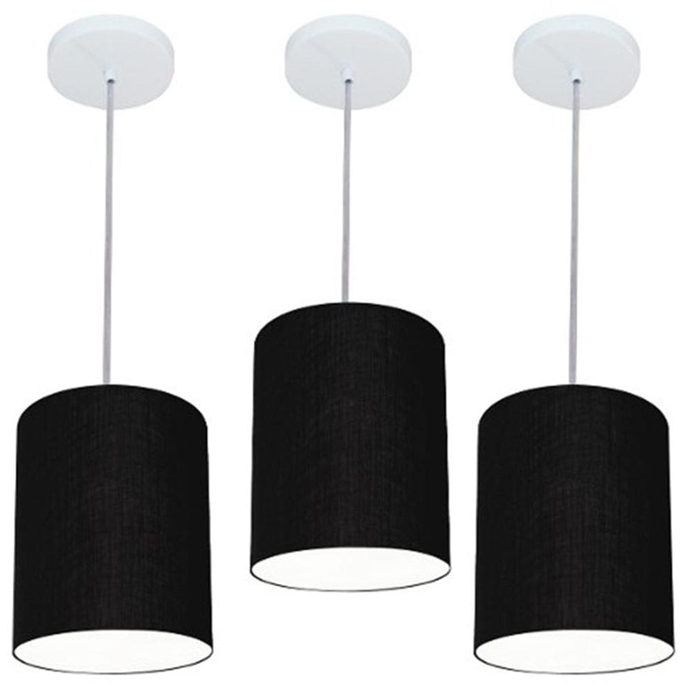 Kit/3 Lustre Pendente Cilíndrico Md-4012 Cúpula em Tecido 18x25cm Preto - Bivolt